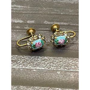 Vintage Antique Guilloche Enamel Rose Rhinestone Screw Back Earring Set